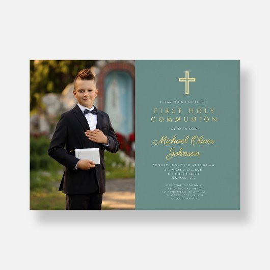 Invitation En Aluminium Green Gold Boy Photo Première communion