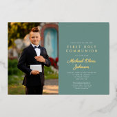 Invitation En Aluminium Green Gold Boy Photo Première communion (Recto)
