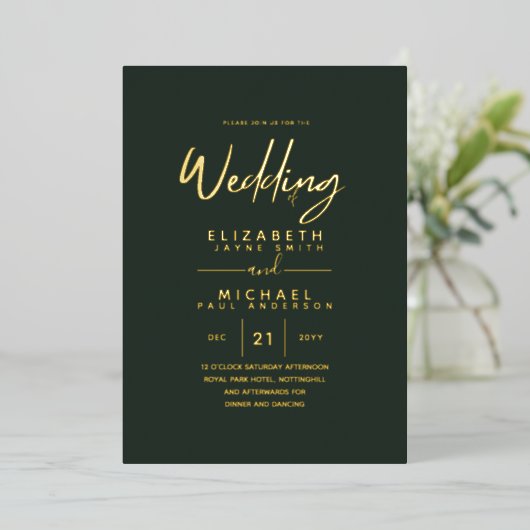 Invitation En Aluminium Green Gold Foil Script élégant Mariage moderne (Debout devant)