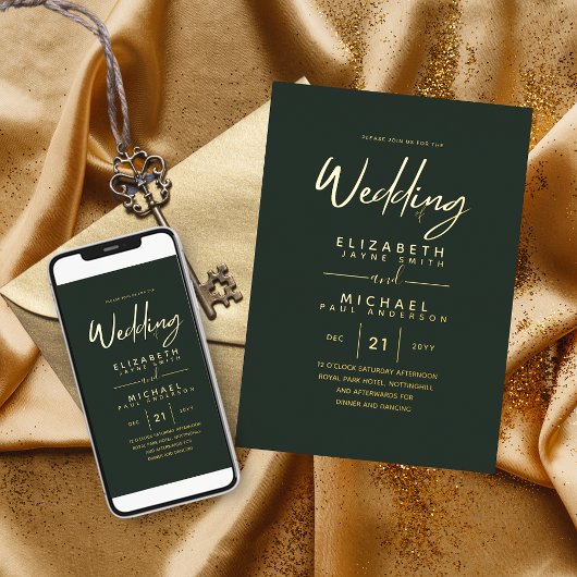 Invitation En Aluminium Green Gold Foil Script élégant Mariage moderne