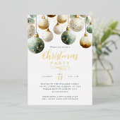 Invitation En Aluminium Green Golden Baubles Christmas Party  (Debout devant)