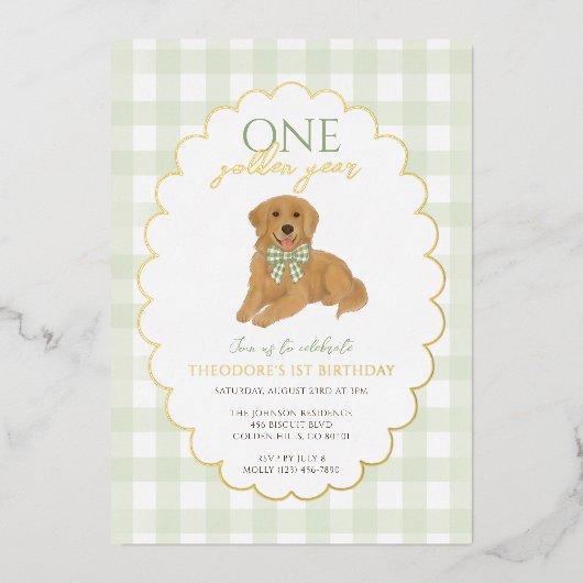 Invitation En Aluminium Green Golden Retriever Chien Pawty 1er anniversair (Recto)