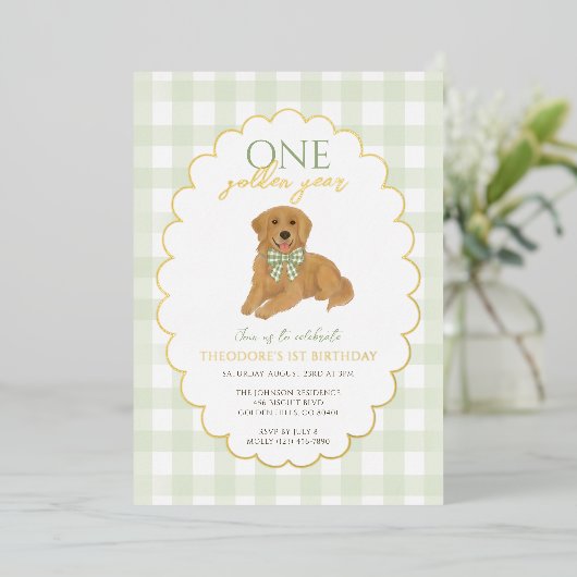 Invitation En Aluminium Green Golden Retriever Chien Pawty 1er anniversair (Debout devant)