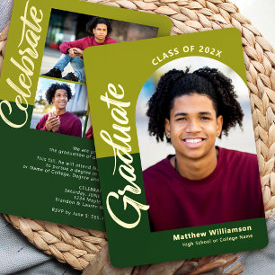 Invitation En Aluminium Green Graduation 4 Photo Bold Arch Party Real Gold