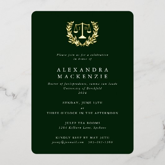 Invitation En Aluminium Green JD Law Scales+Laurel Wreath Graduation Party (Recto)