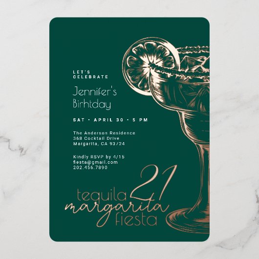 Invitation En Aluminium Green Margarita Fiesta 21e Anniversaire Party Gold (Recto)