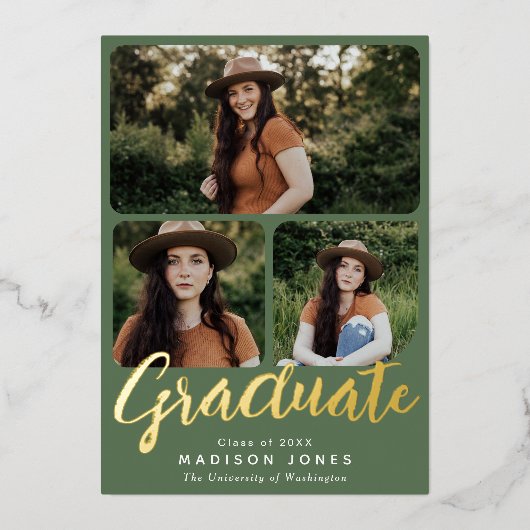 Invitation En Aluminium Green Modern Script 4 Photos Graduation Party (Recto)