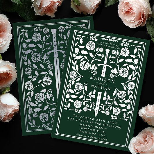 Invitation En Aluminium Green Royal Medieval Silver Sword Wedding