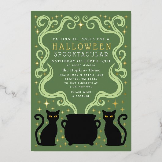 Invitation En Aluminium Green Witchy Black Cat Cauldron Halloween Party (Recto)