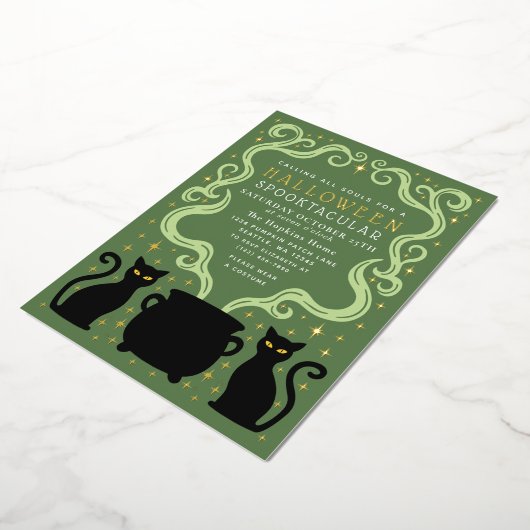 Invitation En Aluminium Green Witchy Black Cat Cauldron Halloween Party (Rotation)