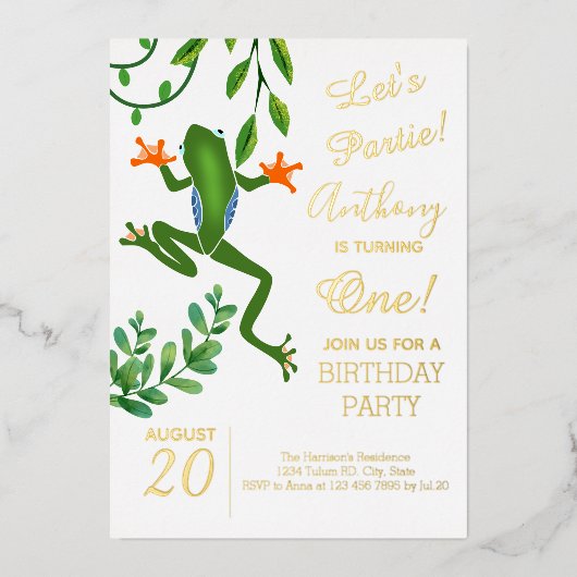 Invitation En Aluminium Grenouille 1er anniversaire fête tourner une photo (Recto)