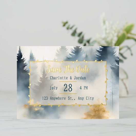 Invitation En Aluminium Gris Bleu Hiver Pine Arbre Monogramme Enregistrer  (Debout devant)