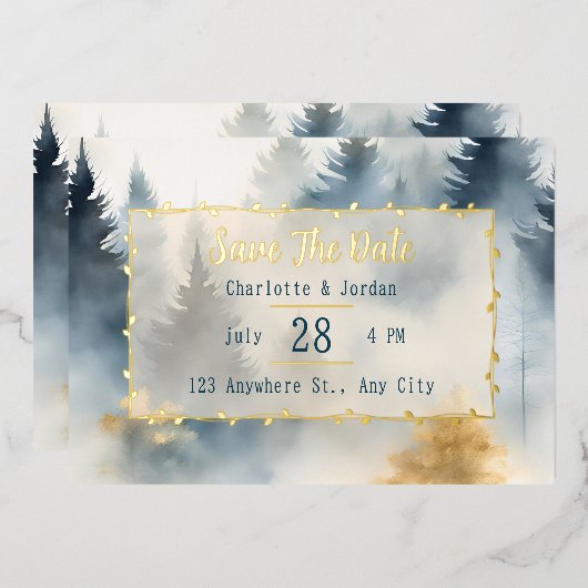 Invitation En Aluminium Gris Bleu Hiver Pine Arbre Monogramme Enregistrer (Recto/Verso)