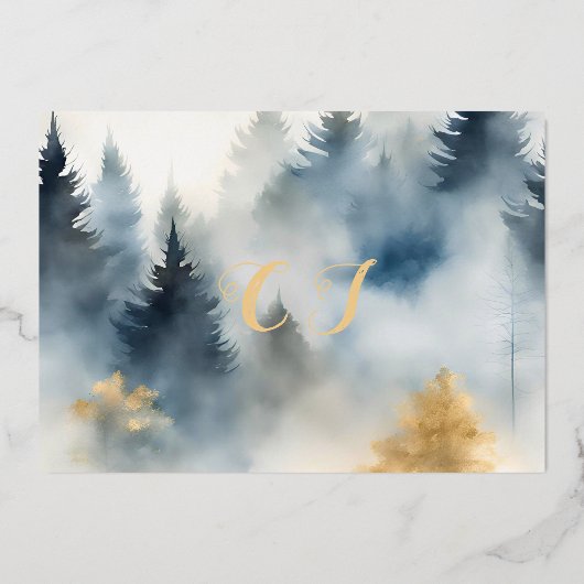 Invitation En Aluminium Gris Bleu Hiver Pine Arbre Monogramme Enregistrer  (Verso)