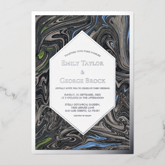 Invitation En Aluminium Gris bleu minimum Vagues Mariage Abstrait Argent (Recto)