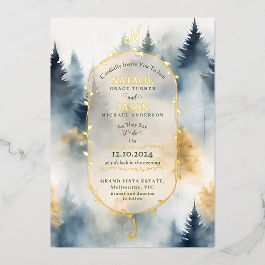 Invitation En Aluminium Gris Bleu Pine d'hiver Forêt Monogramme Mariage (Recto)