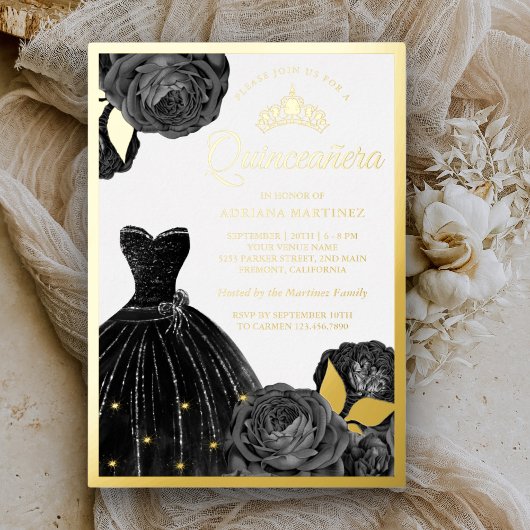 Invitation En Aluminium Gris noir brillant Roses Quinceanera Or