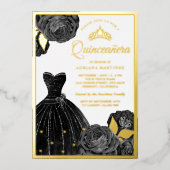 Invitation En Aluminium Gris noir brillant Roses Quinceanera Or (Recto)