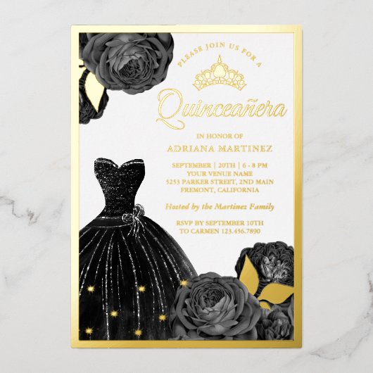 Invitation En Aluminium Gris noir brillant Roses Quinceanera Or (Recto)