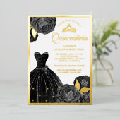 Invitation En Aluminium Gris noir brillant Roses Quinceanera Or (Debout devant)