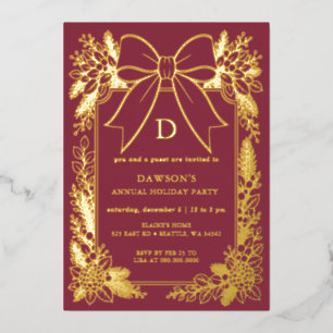 Invitation En Aluminium Guirlande de Noël à nœud bordeaux monogramme pour
