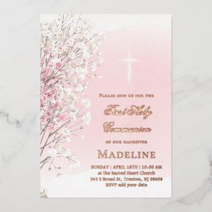 Invitation En Aluminium gypsophile de bébé aquarelle rose Première comm