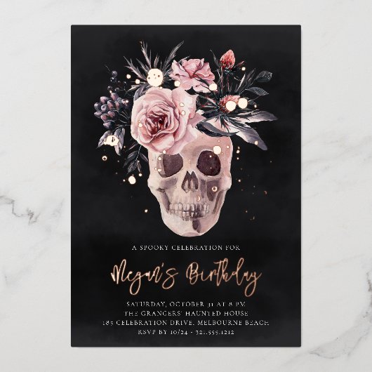 Invitation En Aluminium Halloween crâne floral fête d'anniversaire (Recto)
