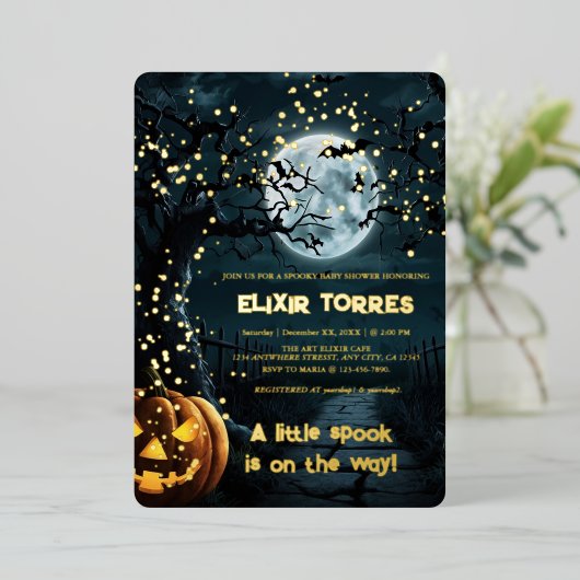 Invitation En Aluminium Halloween Un Petit Baby shower Citrouille Foil (Debout devant)