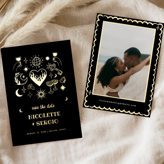 Invitation En Aluminium Hand Drawn Celestial Wedding Save the Date in Gold