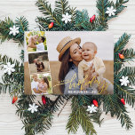 Invitation En Aluminium Happy Happy Holidays Photo Collage Gold<br><div class="desc">Envoyer des salutations festives avec cette belle carte avec "Happy Holidays" dans un script de calligraphie écrit à la main mis en évidence par vos 4 photos préférées. (Changez le texte en argent ou en feuille d'or rose) Au dos - ajoutez une autre photo et votre message d'accueil personnalisé. Ou...</div>