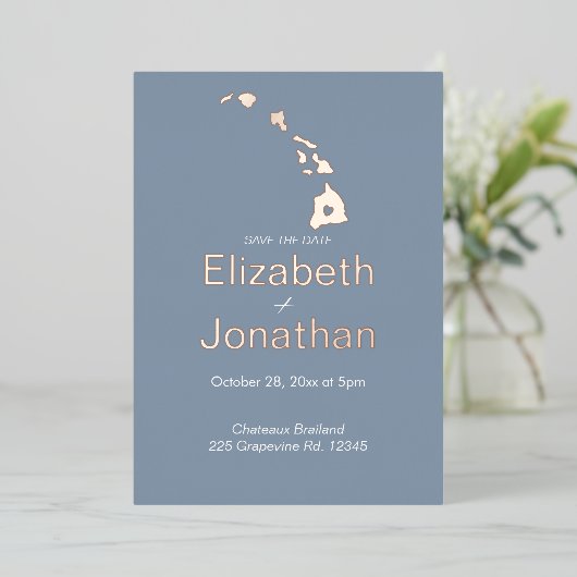 Invitation En Aluminium Hawaii State Map Script Enregistrer La Date Rose G (Debout devant)