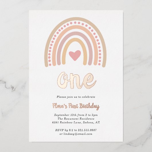 Invitation En Aluminium Heart Girl Boho Rainbow Premier anniversaire Rose  (Recto)