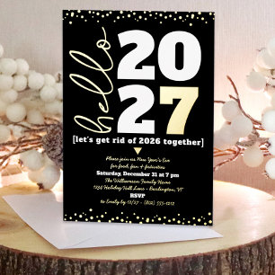 Invitation En Aluminium Hello New Year Script Custom Year Black Real Gold 