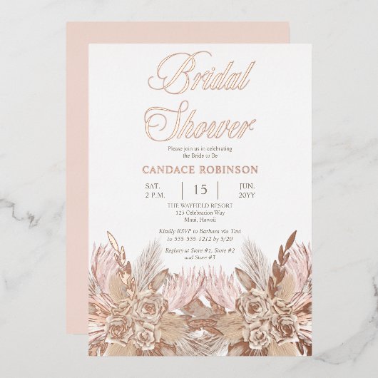 Invitation En Aluminium Herbe Boho Pampas | Fête des mariées rose rose (Recto/Verso)