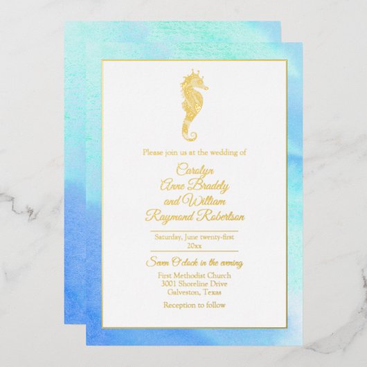 Invitation En Aluminium Hippocampe d'or avec cadre d'aquarelle (Recto/Verso)