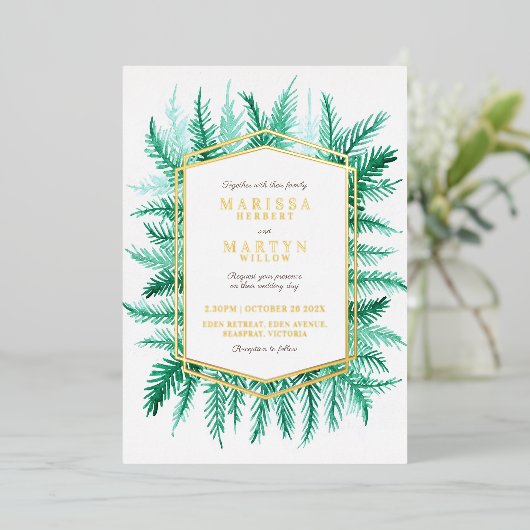 Invitation En Aluminium Hiver à feuillage persistant aquarelle mariage or (Debout devant)