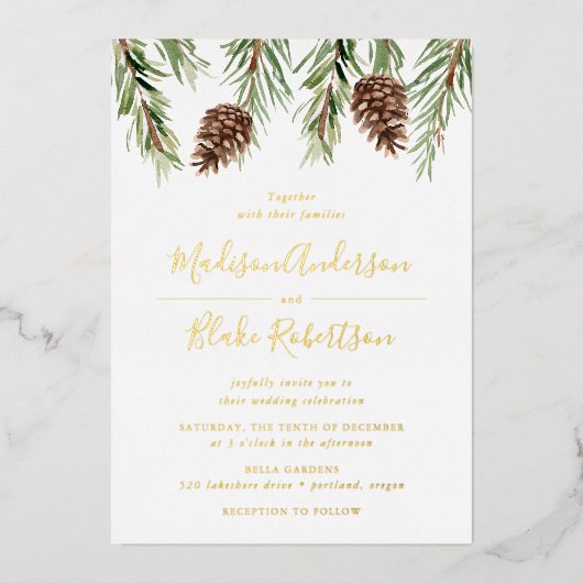 Invitation En Aluminium Hiver Aquarelle Pine Cône Mariage (Recto)
