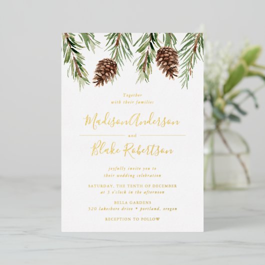 Invitation En Aluminium Hiver Aquarelle Pine Cône Mariage (Debout devant)