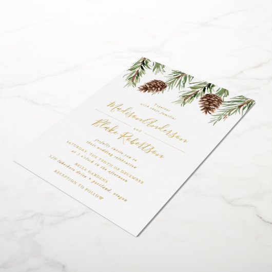 Invitation En Aluminium Hiver Aquarelle Pine Cône Mariage (Rotation)