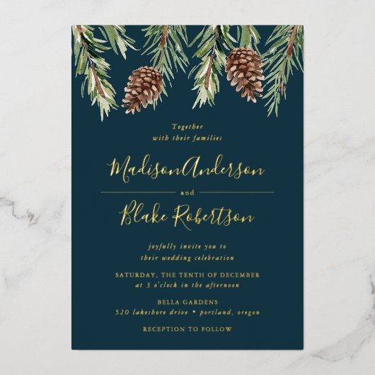 Invitation En Aluminium Hiver Aquarelle Pine Cône Mariage (Recto)