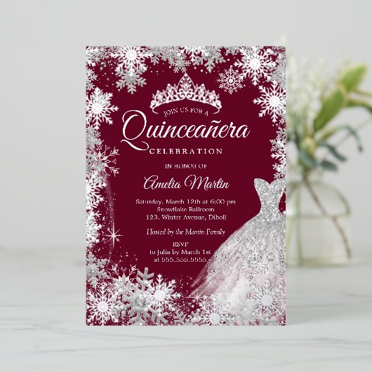Invitation En Aluminium Hiver Bourgogne Robe de Feu de Neige Quinceanera (Debout devant)