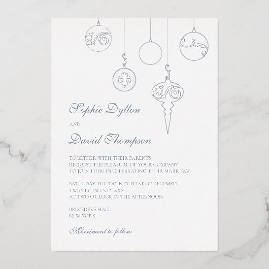 Invitation En Aluminium Hiver Ice Bleu Noël Ornements Mariage Argent (Recto)