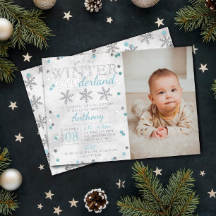 Invitation En Aluminium Hiver ONEderland 1er Anniversaire Photo Réel
