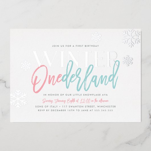 Invitation En Aluminium Hiver ONEderland 1er Anniversaire Rose Bleu Argent (Recto)