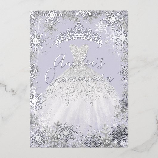 Invitation En Aluminium Hiver Silver violet Flocon de neige Quinceanera (Recto)