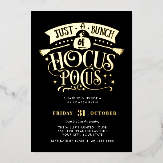 Invitation En Aluminium HOCUS D'OR POCUS Halloween Bash Party Fhuile (Recto)