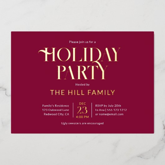 Invitation En Aluminium Holiday Party Elegant Red (Recto)