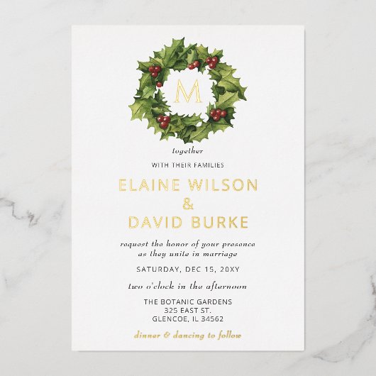 Invitation En Aluminium Holly Berries Wreath Monogramme Mariage hivernal (Recto)