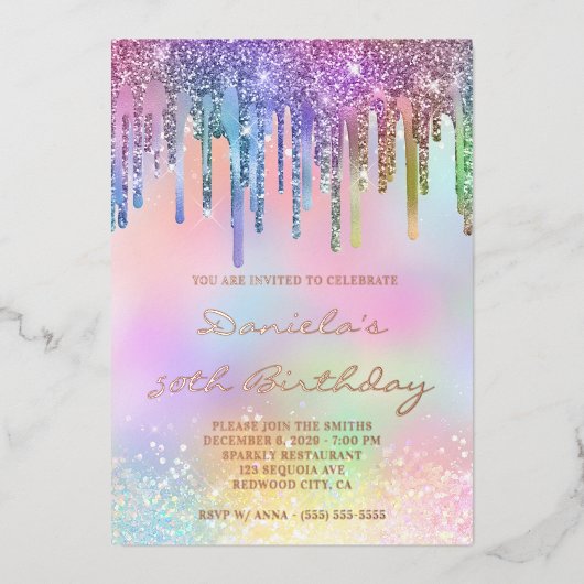Invitation En Aluminium Holo Glitter Rainbow Drips 50th Birthday (Recto)