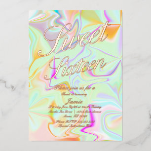 Invitation En Aluminium Holographique Sweet sixteen Liquide Or Pressé